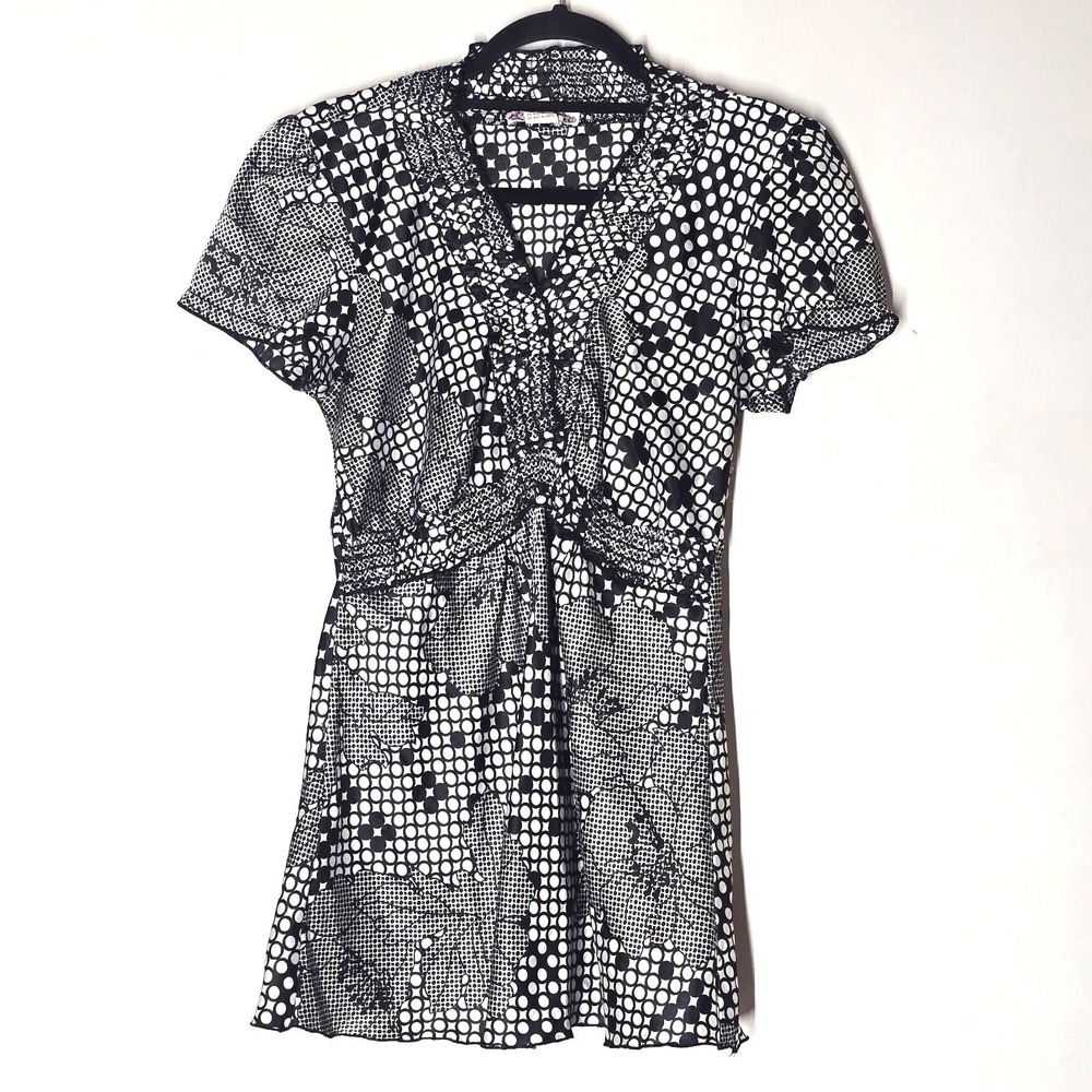 Vintage Y2K 6 Degrees Silky Babydoll Top Ruffle Cap Sleeve Geometric Size M